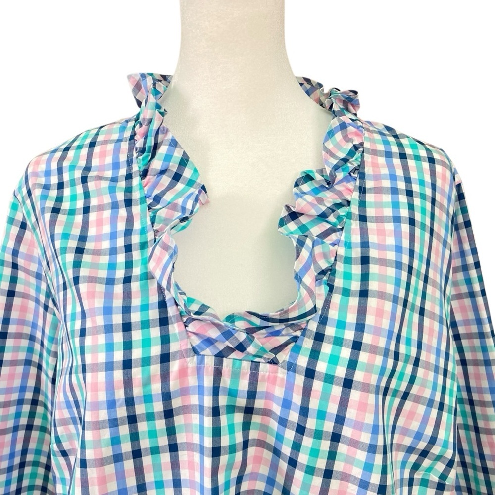 Talbots Ruffle Neck Popover Tunic Gingham Check Cotton 3/4 Sleeve (Size 16‎ P) - Picture 4 of 11